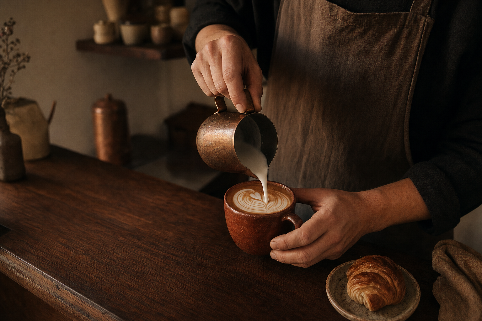 Barista pouring latte art into a handmade ceramic cup